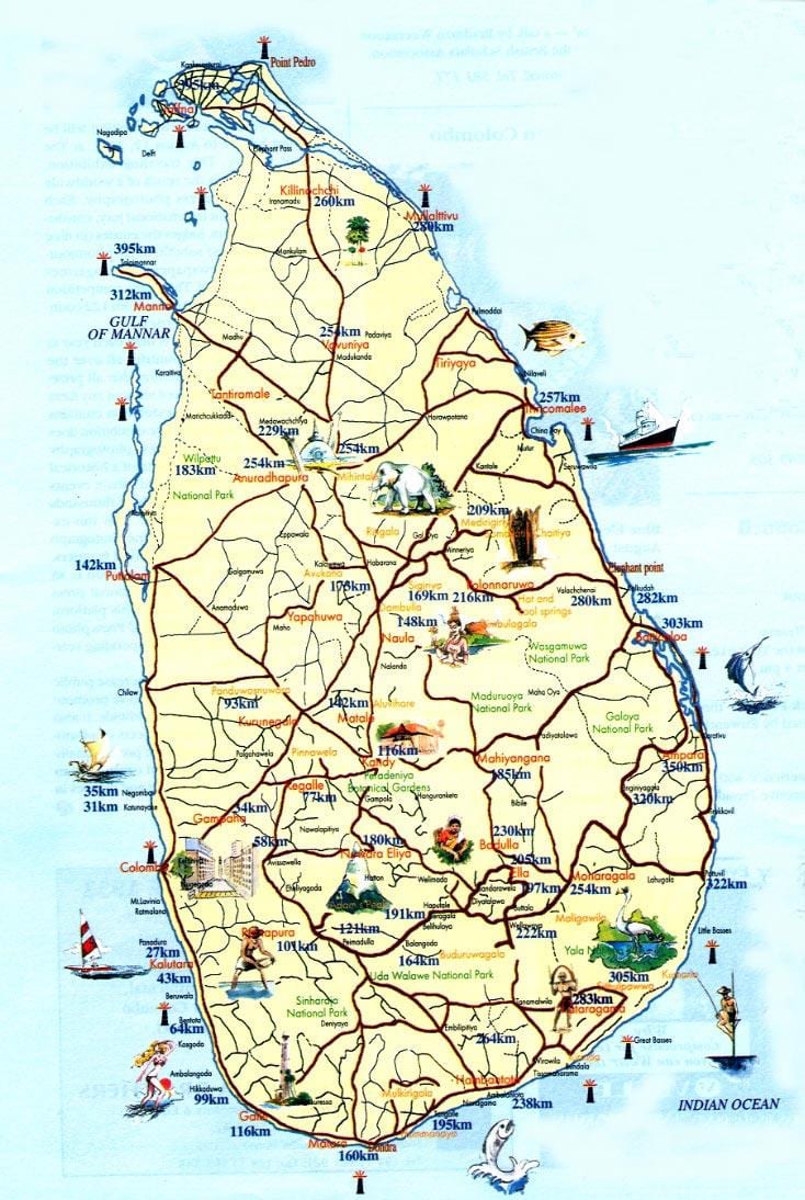 turistična karta Šri Lanka z mesta