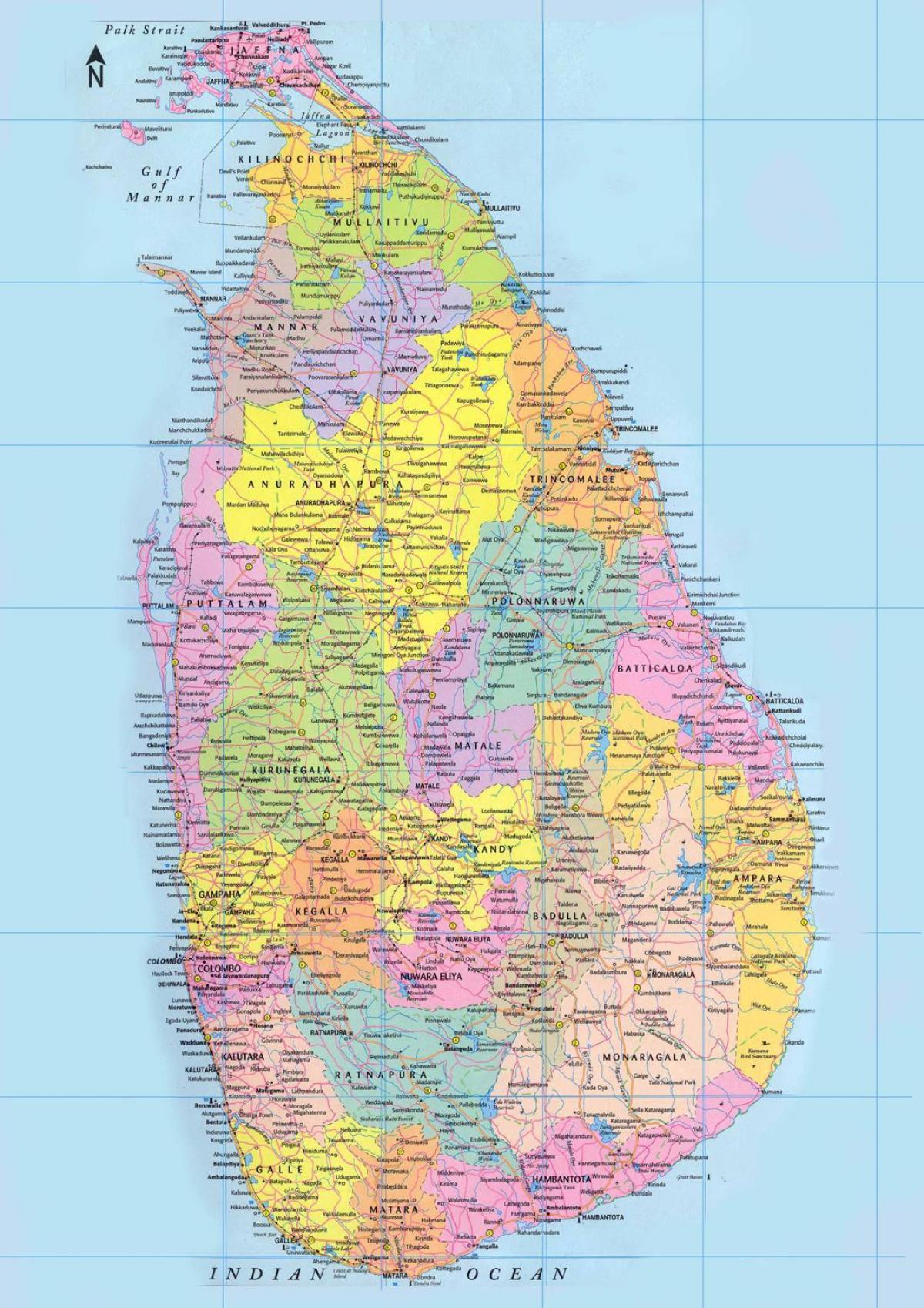 Šri Lanka cestni zemljevid razdalja v km